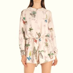 Berna Safari Printed Floral Animals Silk Romper Jumpsuit L